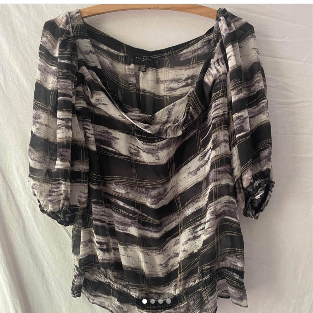 Ted Baker Black and Gray Striped 100% Silk Blouse